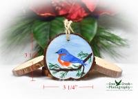 A hand-painted wood slice with ornament dimensions.