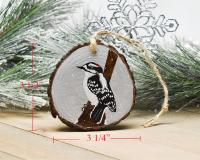 Measurements for a wood slice with an acrylic painting of a downy woodpecker at Cove Creek Photography.