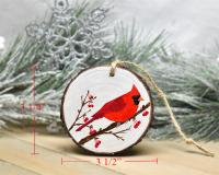 A handmade Kentucky state bird Christmas ornament displayed with measurements at covecreekphotography.com.