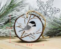 An image with displayed measurements for a handmade chickadee ornament at Cove Creek Photography.