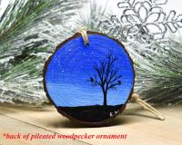 An acrylic painting of a clear winter night with tree silhouette hand-painted on the back of a handmade woodpecker ornament at Cove Creek Photography.