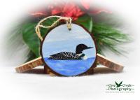 A handmade bird Christmas ornament with a common loon painted on a wood slice at Cove Creek Photography.