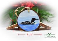 Measurements for a  hand-painted common loon wood slice ornament at Cove Creek Photography. 