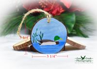 Dimensions for a hand-painted wood slice ornament available at Cove Creek Photography.