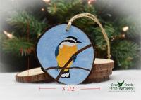 An image of measurements for a hand-painted red-breasted nuthatch Christmas ornament at covecreekphotography.com.
