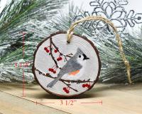 A handmade tufted titmouse wood slice ornaments with slice measurements at Cove Creek Photography.