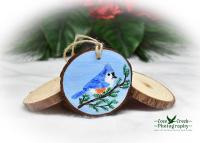 Hand-painted tufted titmouse wood slice ornament at Cove Creek Photography.