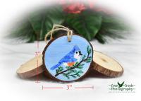 Hand-painted tufted titmouse ornament with measurement diagrams.