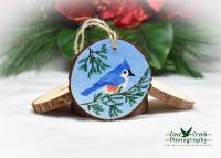 A hand-painted tufted titmouse on a wood slice Christmas ornament at covecreekphotography.com.