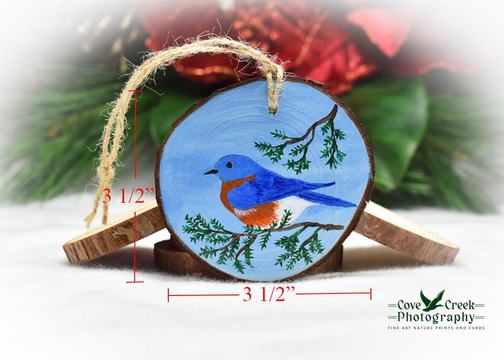 Hand-painted eastern bluebird wood slice ornament with size dimensions at covecreekphotography.com.