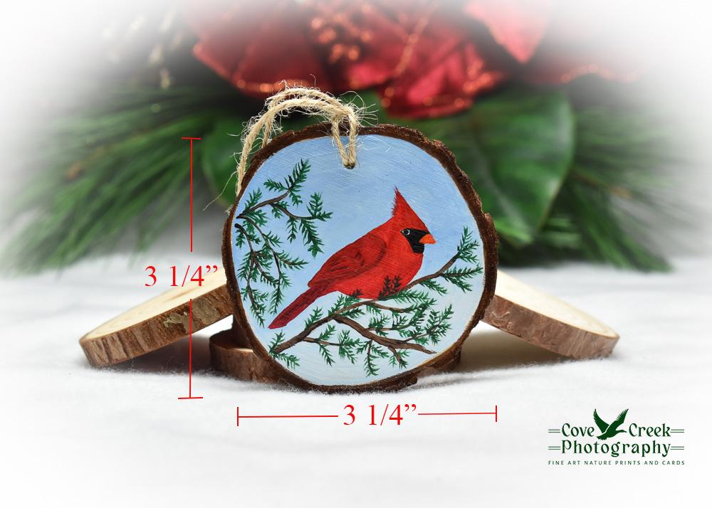 Wood Slice Ornament with Hand-Painted Northern Cardinal