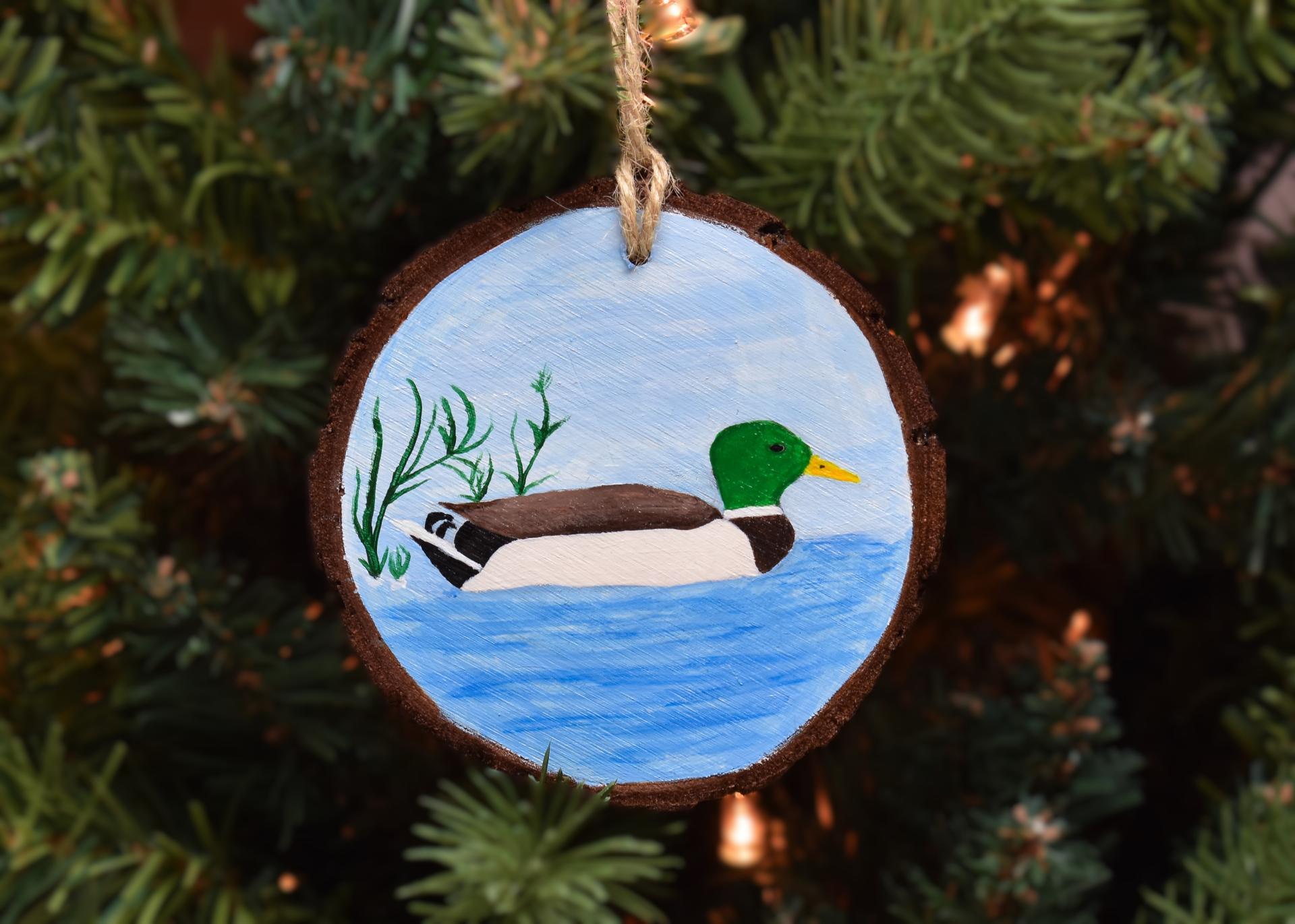 A hand-painted mallard wood slice ornament hanging on a Christmas tree at www.covecreekphotography.com.