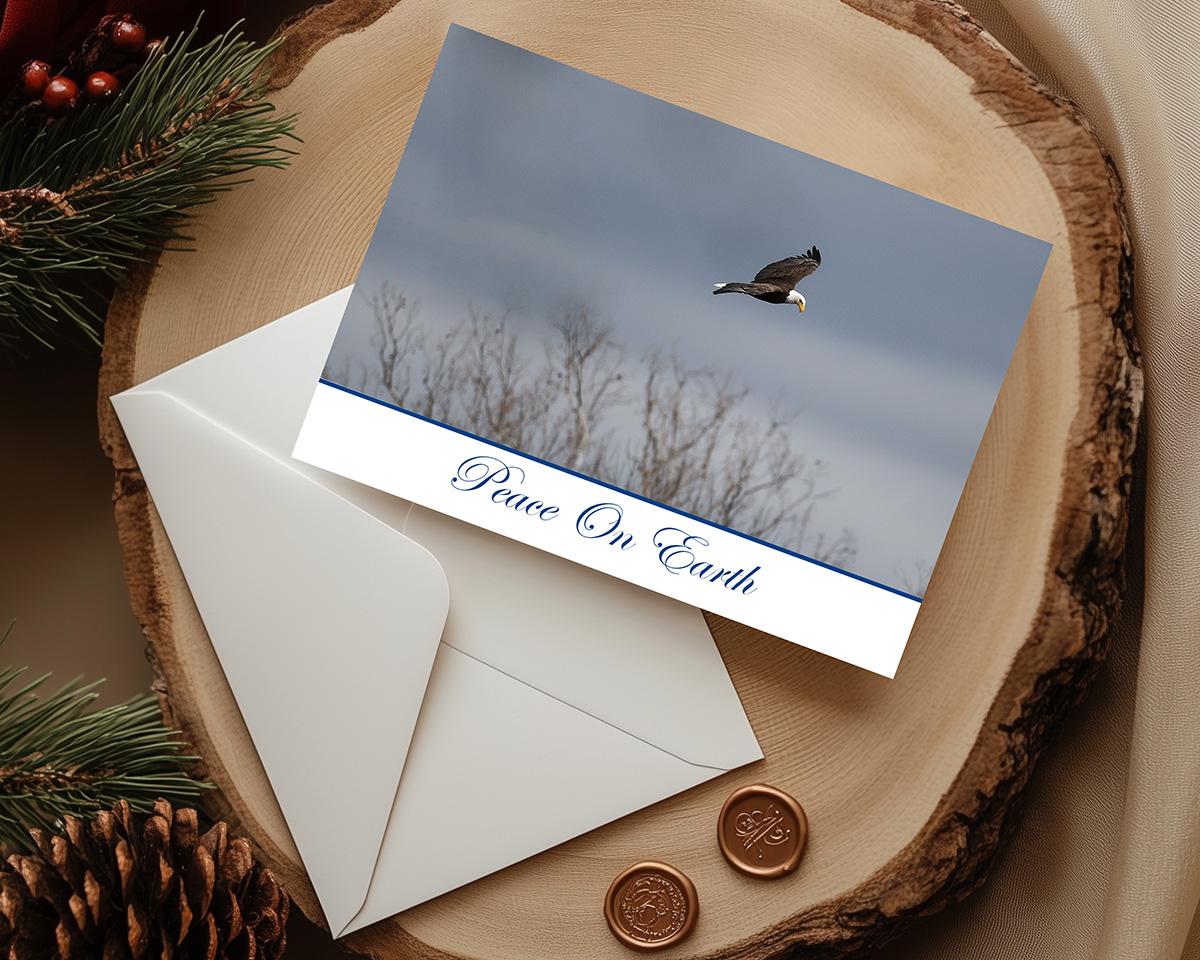 A "Peace On Earth" Christmas card featuring nature photography of a bald eagle gliding over tree tops at covecreekphotography.com.