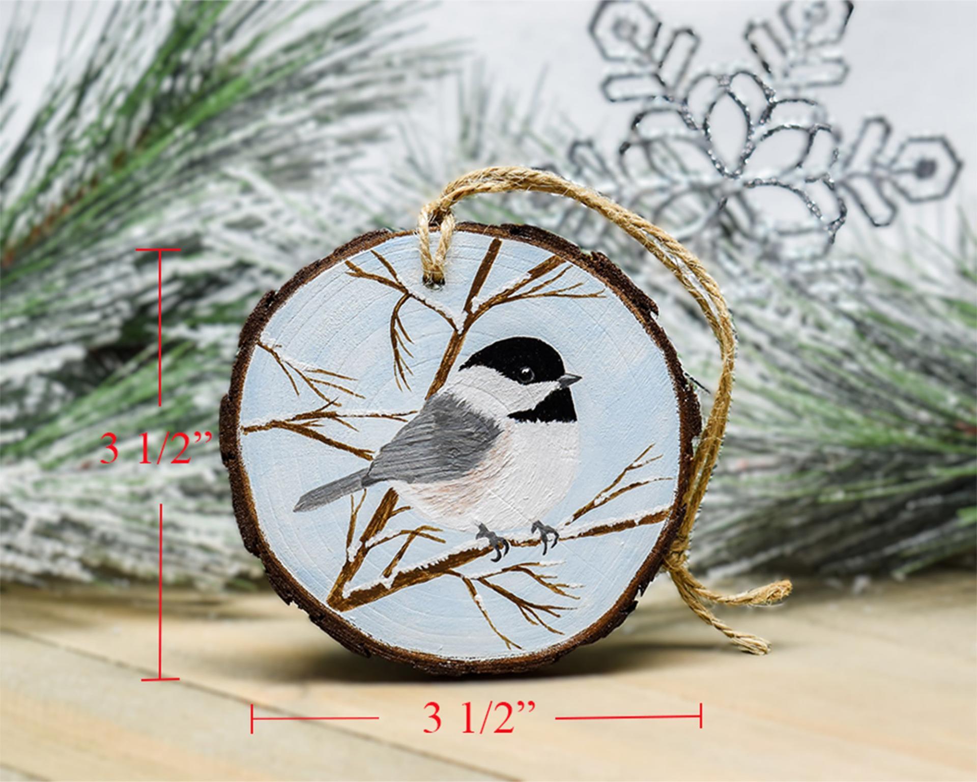 An image with displayed measurements for a handmade chickadee ornament at Cove Creek Photography.