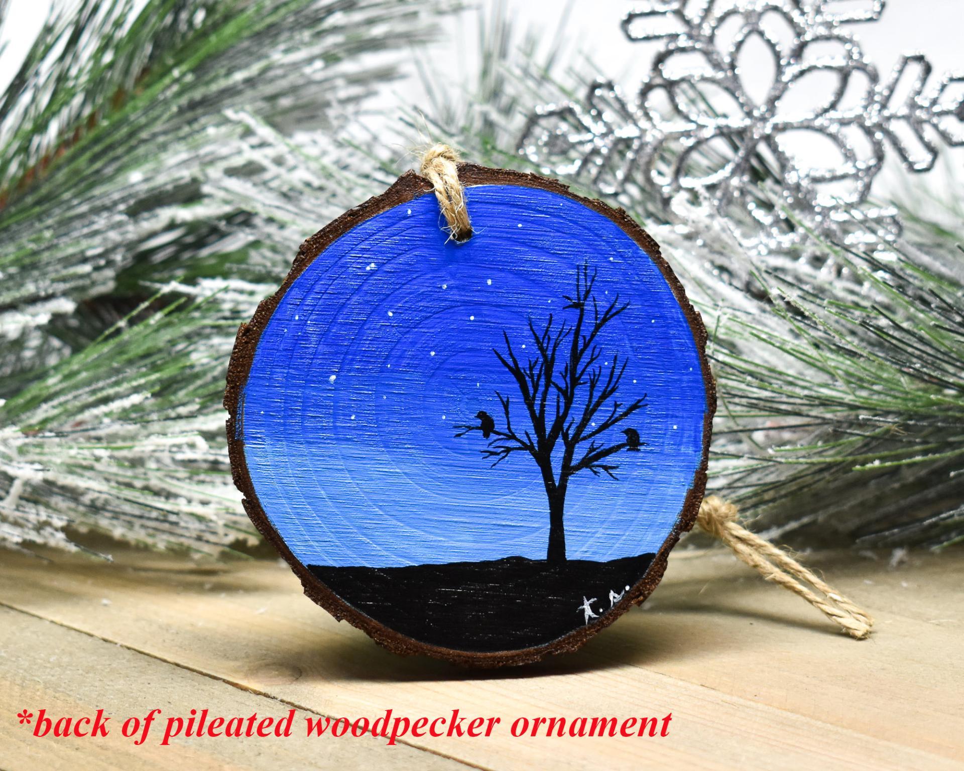 An acrylic painting of a clear winter night with tree silhouette hand-painted on the back of a handmade woodpecker ornament at Cove Creek Photography.