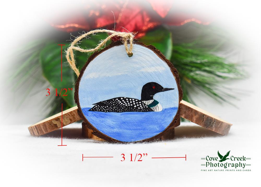 Measurements for a  hand-painted common loon wood slice ornament at Cove Creek Photography. 