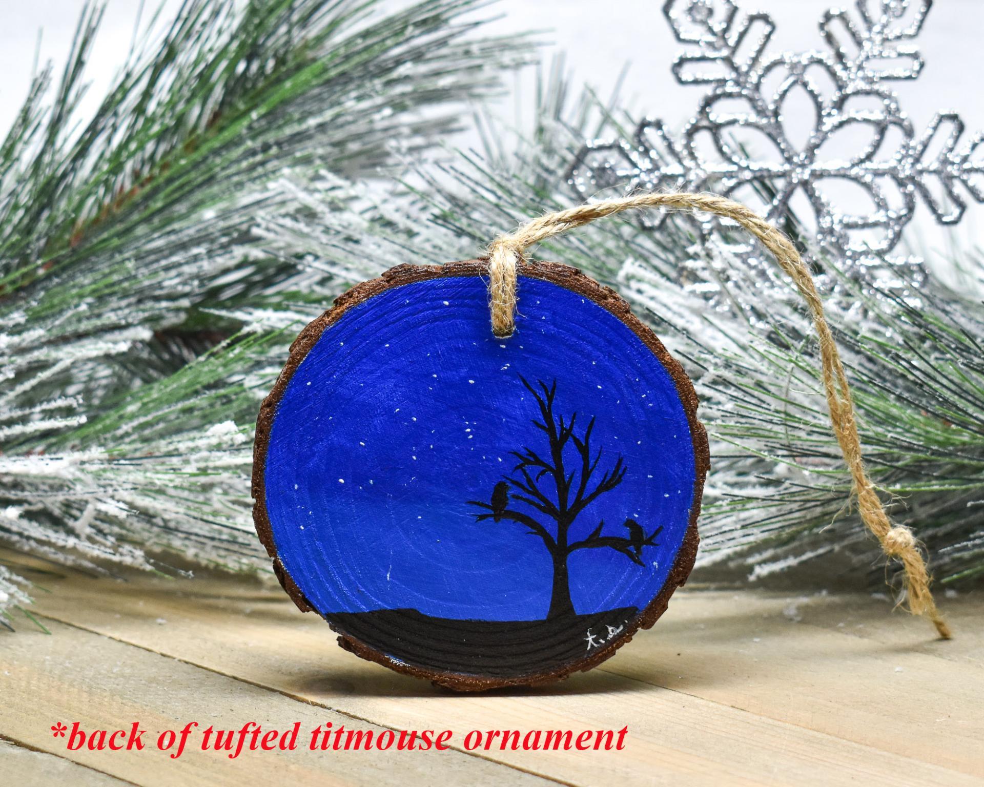 A hand-painted starry night sky with silhouettes on the back of a wood slice ornament at Cove Creek Photography.