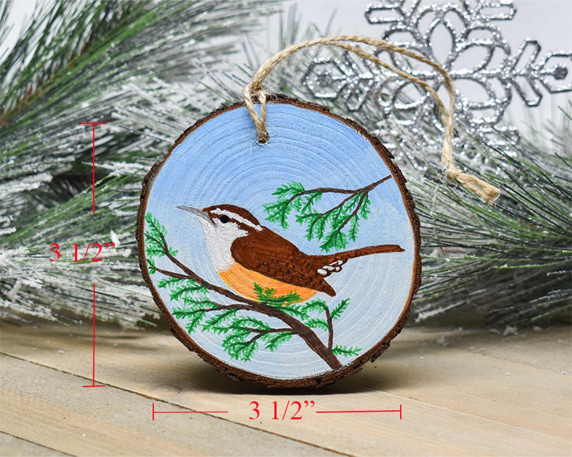 An image with measurements for a hand-painted wood slice ornament at Cove Creek Photography.