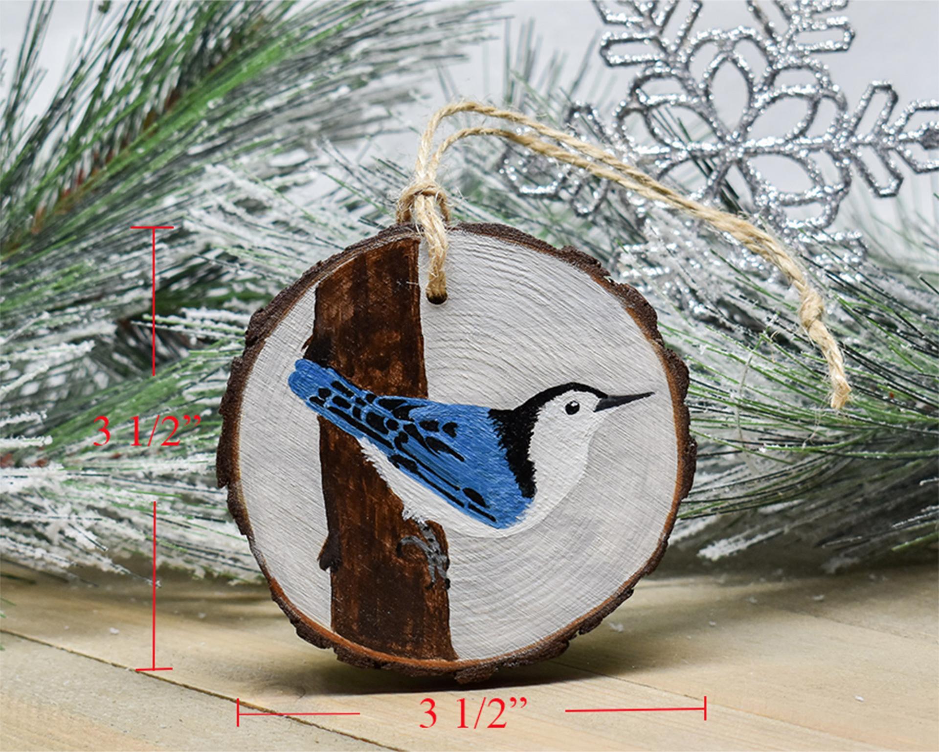 Measurements for a handmade nuthatch wood slice Christmas ornament at Cove Creek Photography.