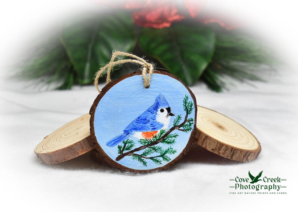 Hand-painted tufted titmouse wood slice ornament at Cove Creek Photography.