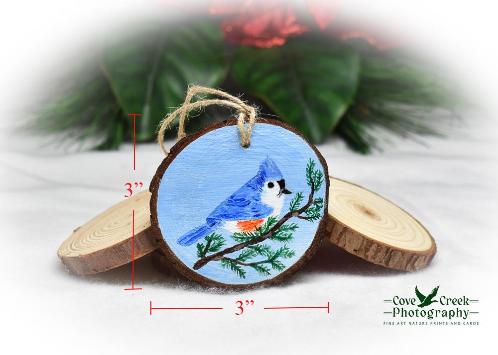 Hand-painted tufted titmouse ornament with measurement diagrams.