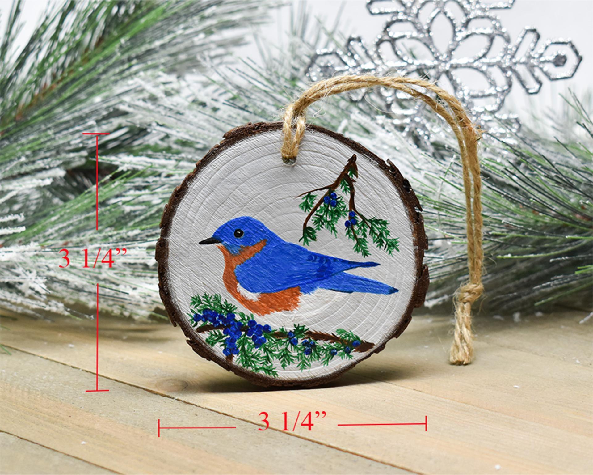 An image with measurements for a handmade bluebird Christmas ornament at Cove Creek Photography.