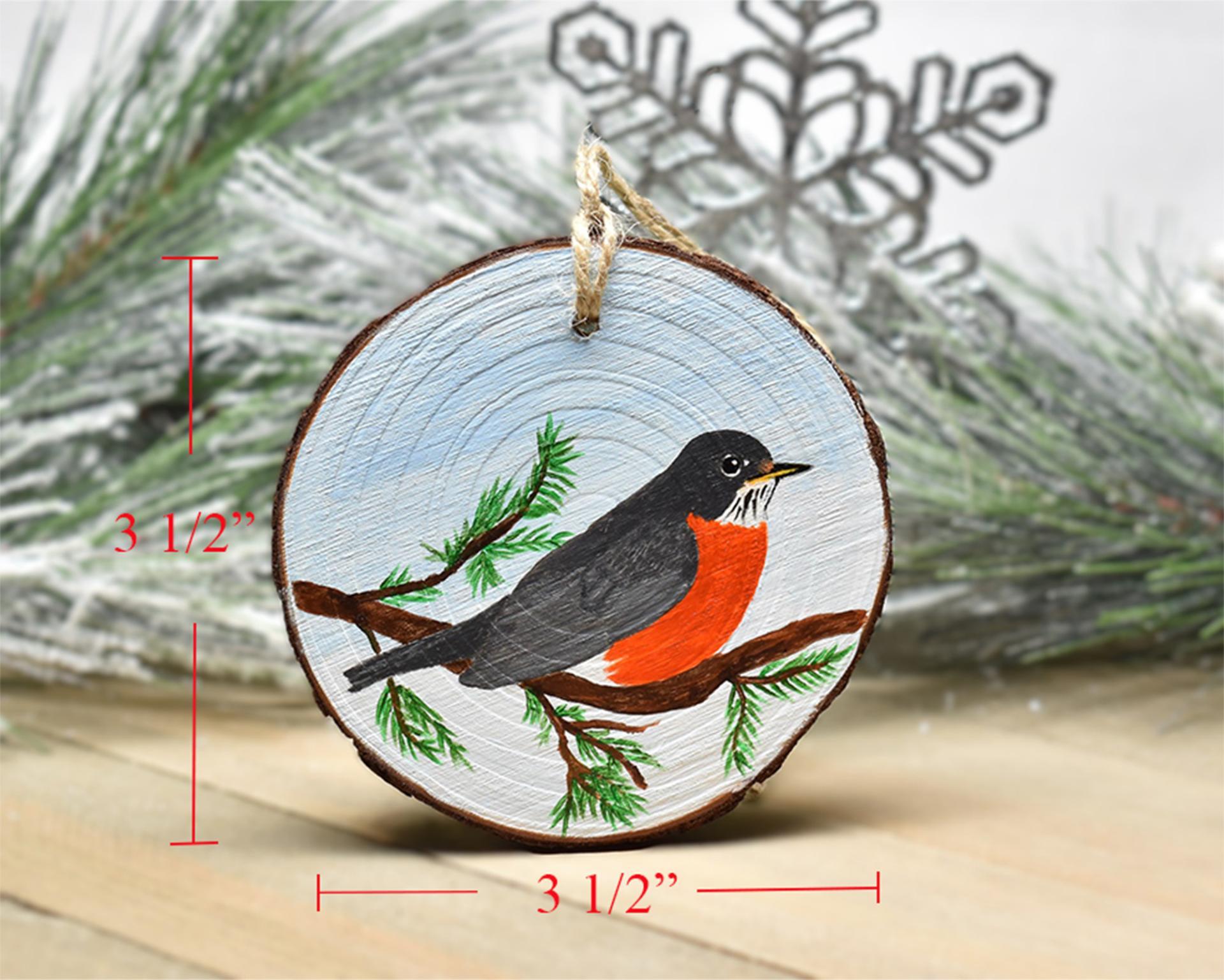 An image of an American robin wood slice ornament with measurements displayed on each side at covecreekphotography.com.